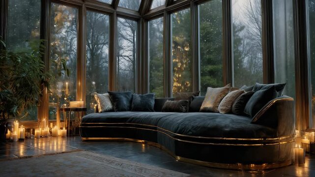 A living room has a velvet sofa with golden trim. Snow falls outside a large bay window. Candles glow on the side table. A soft rug adds warmth to the space