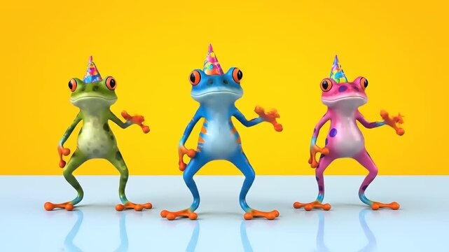 Whimsical 3D rendered party Green, blue, and pink frogs dancing with party hats on a yellow background, celebrating cheerfully in cartoon style.