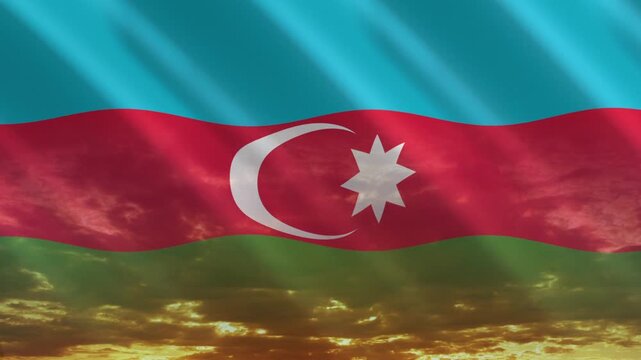 Flag of Azerbaijan waving against a vibrant sunset, creating a patriotic and inspiring atmosphere with warm tones.