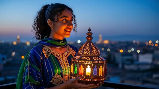 A young Middle Eastern woman in traditional blue and green kaftan holding a glowing Ramadan lantern on a balcony at dusk with city lights in the background