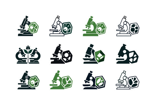Botany Logo Collection. Botany. Icon set. Set Logo of Botany: microscope and plant cell. harmonious logo variations of the same emblematic concept, each with