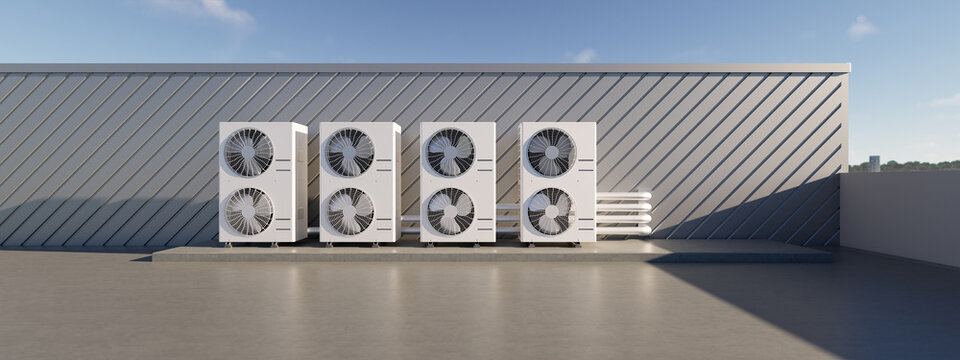 Wide panoramic 3d rendering shows multiple air conditioning condenser units installed on building rooftop. HVAC setup highlights climate control technology, cooling systems and energy efficiency.