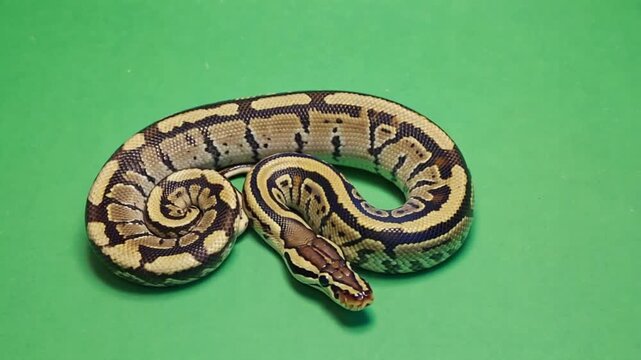A beautiful ball python with intricate light brown, white, and black patterns rests tightly coiled on a plain green surface. green screen snake video
