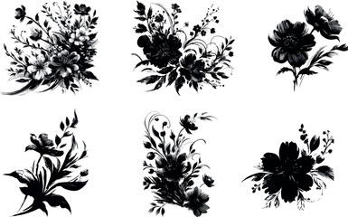 Fototapeta premium flower illustration with black brush floral silhouettes, featuring hand-drawn grunge textures and organic natural shapes. Sketch-painted spring flowers with leaves, branches, blossoms, and plants .