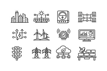 Naklejka premium Smart City Energy Icons. Smart city energy illustration. Line icon set of Smart city energy illustration: smart city skyline, solar grid network, digital