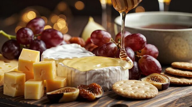 Honey drizzled over assorted cheeses and fruits