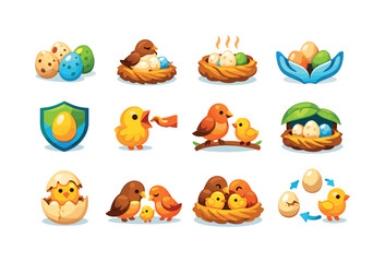 Egg and Care Icons. EggAndCare. Colorful flat vector icons set of EggAndCare: speckled eggs, bird incubating, warm nest, gentle care wings, protection symbol,