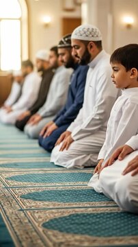 A young Middle Eastern boy in white clothing performs sujud prostration on a prayer rug in a mosque while adult Muslim men sit in a row behind him during prayer.