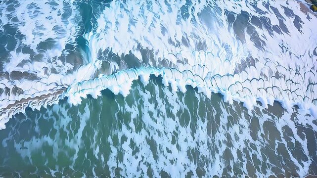 Artistic animation of aerial ocean waves with a painted texture effect, featuring fluid blue water and stylized white foam patterns