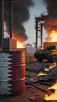 Oil barrel with Qatar flag in a war zone with fire and military tank, concept of energy crisis and geopolitical conflict in the Middle East