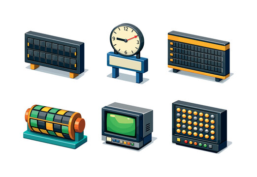 Vintage Display Icons. Vintage Displays. Isometric flat vector icons set of Vintage Displays: split-flap display panel, analog clock above sign, metal flight