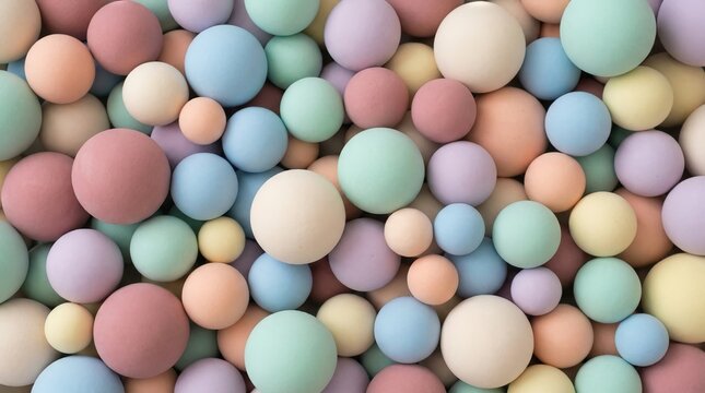 Top-down view of hundreds of soft, pastel-colored spheres filling the frame. They vary slightly in size. Matte finish, calming aesthetic.