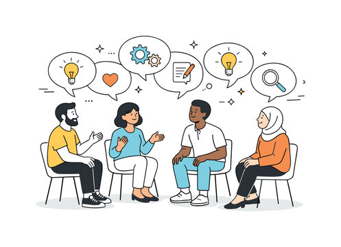 Collaborative Ideas Exchange. Team collaboration and brainstorming. A diverse group sitting in a circle, sharing thoughts represented by speech bubbles and