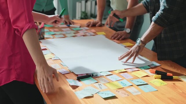 Close up of developer team using mind map to brainstorm idea. Top view of skilled group of business people working together writing marketing strategy by using markers and sticky notes. Symposium.