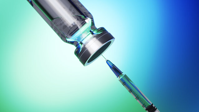 3d rendered image of a syringe being filled from a vial.