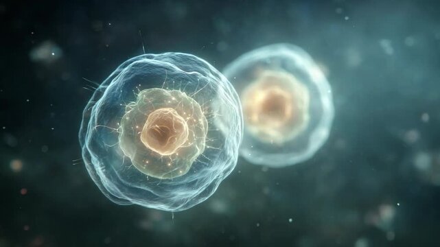 Two translucent primordial cells undergoing mitosis or division on a dark blue microscopic background