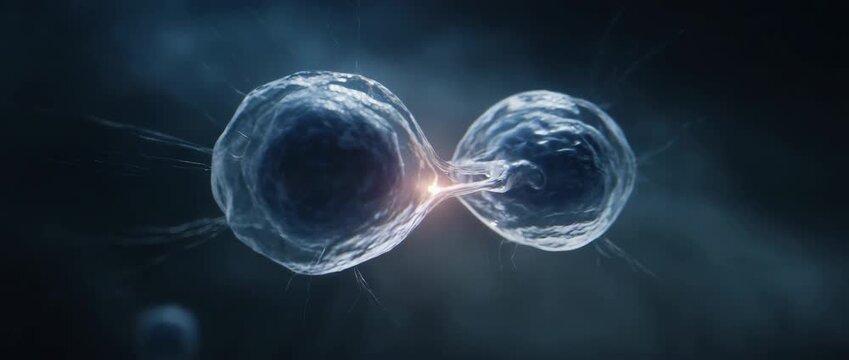 Two translucent primordial cells undergoing mitosis or division on a dark blue microscopic background