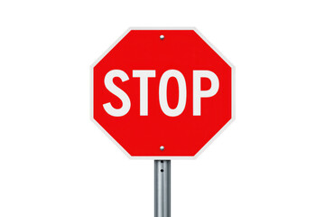 Red stop traffic sign on pole with transparent background