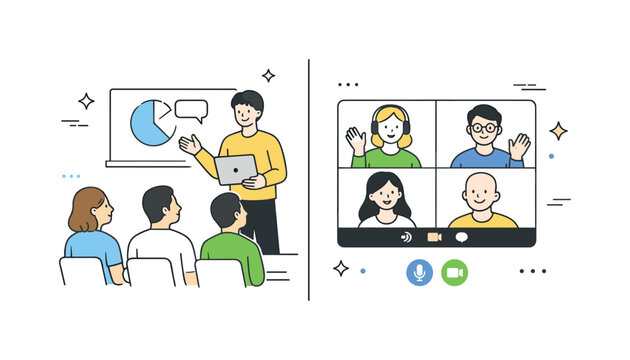 Hybrid Collaboration Scene. Virtual and live participants. A split-screen style composition showing both a small live audience and remote attendees interacting