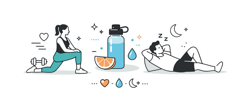 Holistic Fitness Habits. Healthy lifestyle goals. A balanced scene combining exercise, water bottle, and rest elements, showing holistic fitness habits. Calm