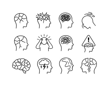 Mental Collapse Icons. Mental Collapse. Line icon set of Mental Collapse: fragmented head outline, mind shattering symbol, collapsing thoughts icon, unstable