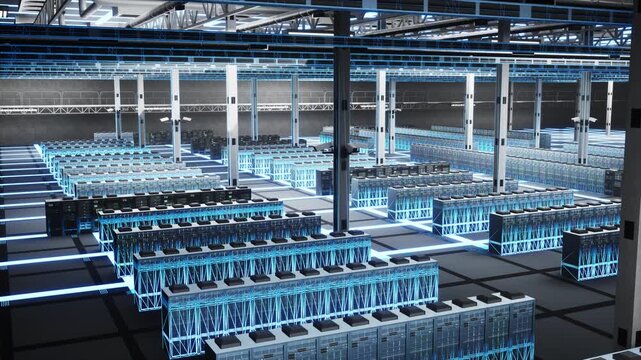 Global connectivity, internet speed and data center mainframe computers for world wide web servers. Industry 4.0 communication technology and supercomputers network digital mesh animation