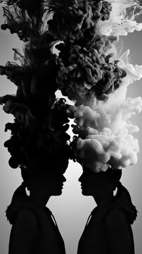 Surreal black and white conceptual art of two female silhouettes with smoke and ink clouds exploding from their heads representing thoughts and creativity