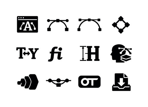Advanced Type Design Icons. Advanced type design. Solid icon set of advanced type design: glyph editor, vector handles, bezier curve, anchor points, kerning