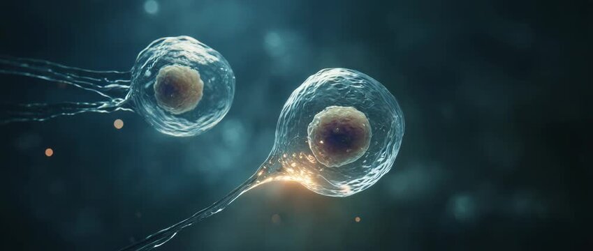 Two translucent primordial cells undergoing mitosis or division on a dark blue microscopic background