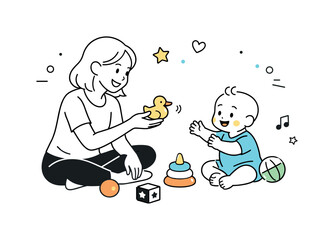 Fototapeta premium Mother and Baby Playtime. Mother and baby playtime. Mother playing with her baby using simple toys, smiles and light movement. Joyful interaction and early