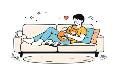 Fototapeta premium Cozy Sofa Scene. Home comfort lifestyle illustration. Minimal sofa scene with a person lounging with a pet and soft pillows, creating a peaceful and relaxed