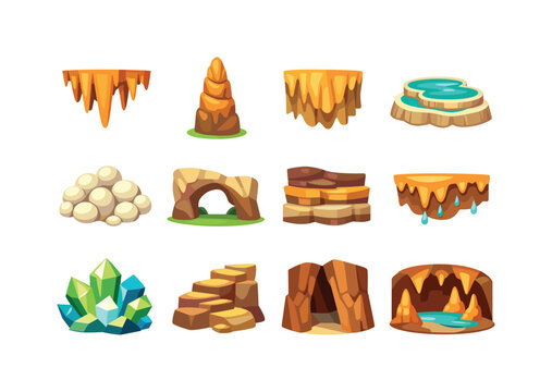 Vibrant Limestone Cave Icons. Limestone caves. Colorful flat vector icons set of limestone caves: stalactite cluster, stalagmite pillar, flowstone sheet,