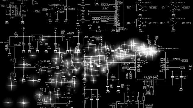Video animation with schematic diagram of digital electronic device with effect of flying stars. Drawing 
electrical circuit with micro controller,
operational amplifier, capacitor, resistor.