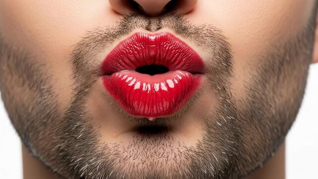 Close up of a young adult bearded man with bright red glossy lipstick on his lips making a kissing face, concept of gender fluidity, male beauty, and non-binary expression.