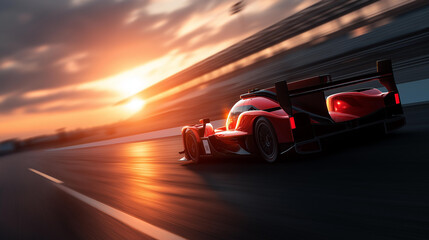 Obraz premium Blazing red race car zooming down track under dramatic sunset, capturing thrilling speed and energy of high-stakes race, motorsport competition scene, racing action moment,