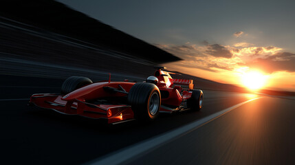 Obraz premium Blazing red race car zooming down track under dramatic sunset, capturing thrilling speed and energy of high-stakes race, motorsport competition scene, racing action moment,
