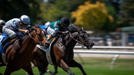 Thoroughbreds in high-stakes race, blur of speed and competition on racetrack, horse racing action, equestrian sport scene, competitive racing moment, faceless jockeys racing,