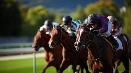 In heat of race jockeys and horses blur into speed, capturing adrenaline and tension of horse racing, equestrian competition scene, racing action moment, faceless jockeys racing,
