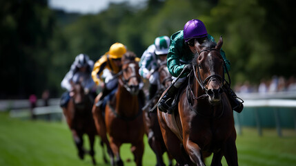 In heat of race jockeys and horses blur into speed, capturing adrenaline and tension of horse racing, equestrian competition scene, racing action moment, faceless jockeys racing,