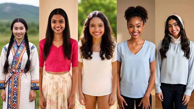 A close-up collage showcasing authentic, multicultural people of different backgrounds and nationalities. Women look into the camera. Happy people from all over the world smile joyfully.