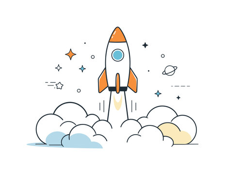 Minimal Rocket Launch. Rocket launch concept. A minimal rocket lifting off with soft smoke clouds and stars in the background. Feeling of ambition, progress,