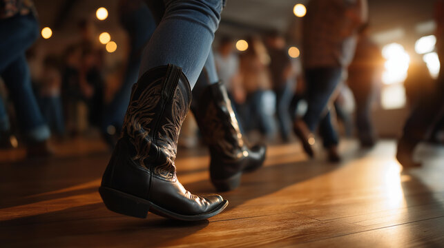 Lively group of people in cowboy boots line dancing, wooden-floored hall lit by warm nostalgic sunlight, country dance activity, social dancing scene, western dance celebration,