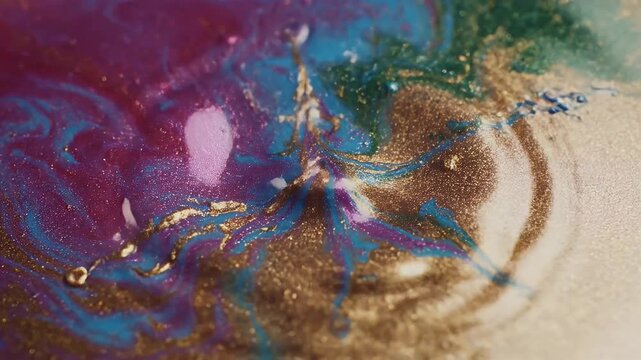 Abstract fluid art with vibrant colors and metallic gold texture.