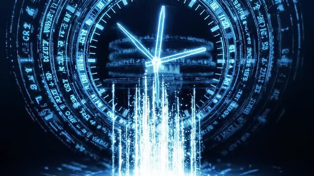 A glowing blue crystal sphere surrounded by digital interfaces and binary code on a dark background