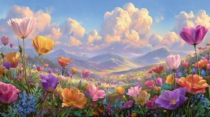 Colorful Flower Field With Hills And Cloudy Sky
