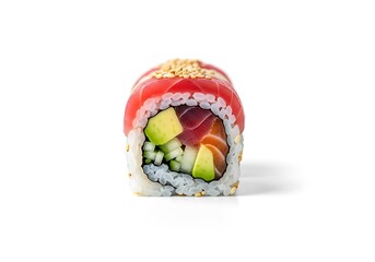 Raw tuna sushi roll with avocado and caviar on white