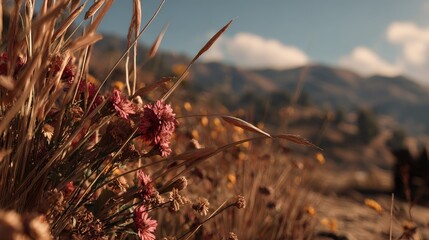 Pink Flowers In Wildflower Meadow With Mountain Background