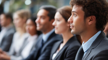 Fototapeta premium Diverse group of professionals in business attire attentively listening to presentation at conference, highlighting focus and engagement, business seminar scene, professional