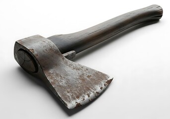 Rusty Axe Head with Wooden Handle Isolated on White
