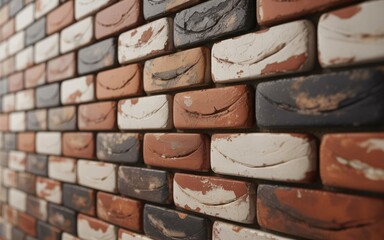  This perspective shot showcases a textured brick wall with a variety of red, brown, and black tones. 